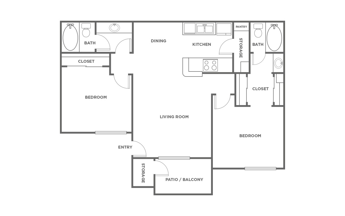 The Cedar - 2 bedroom floorplan layout with 2 bath and 838 square feet (1st floor 2D)