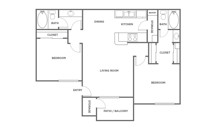 The Cedar - 2 bedroom floorplan layout with 2 bath and 838 square feet