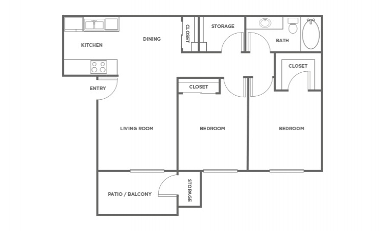 The Cypress - 2 bedroom floorplan layout with 1 bath and 808 square feet