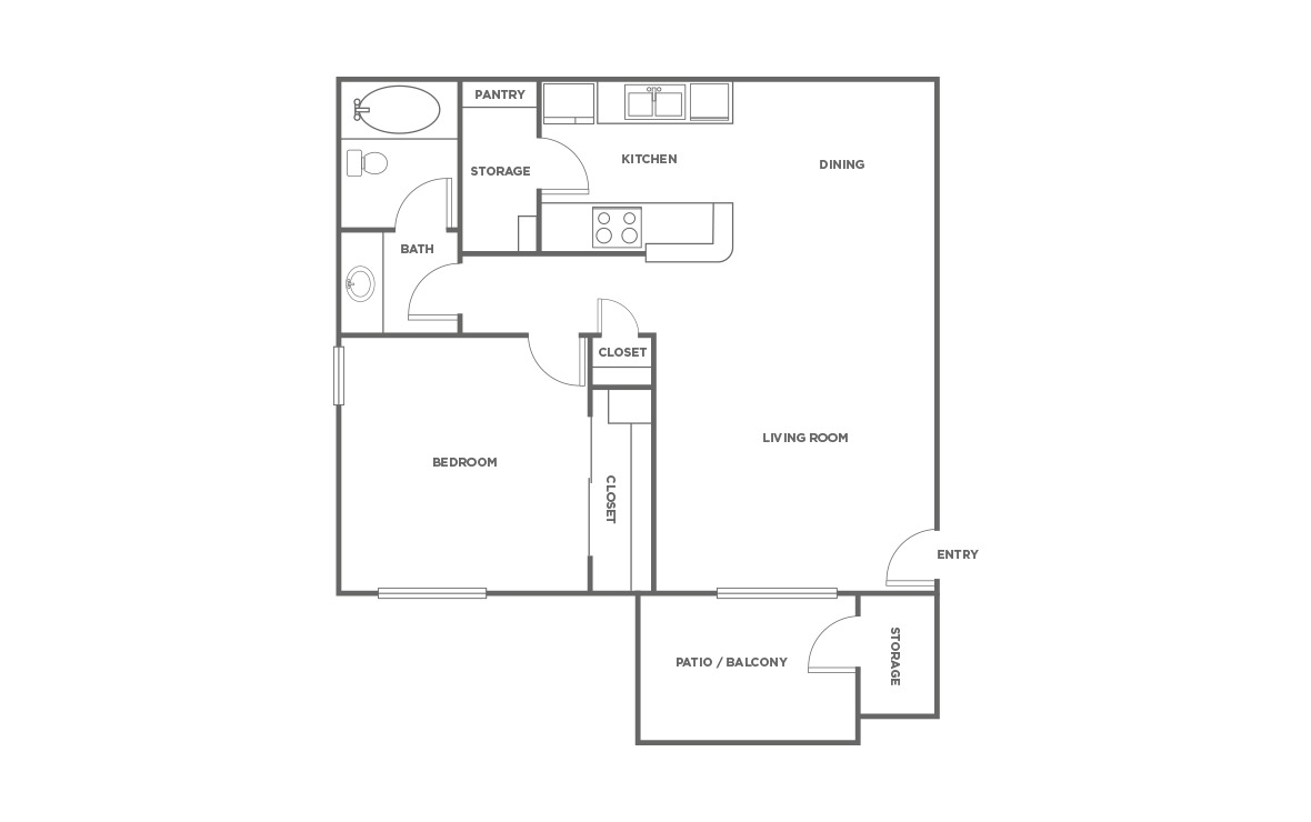 The Redwood - 1 bedroom floorplan layout with 1 bath and 618 square feet (1st floor 2D)
