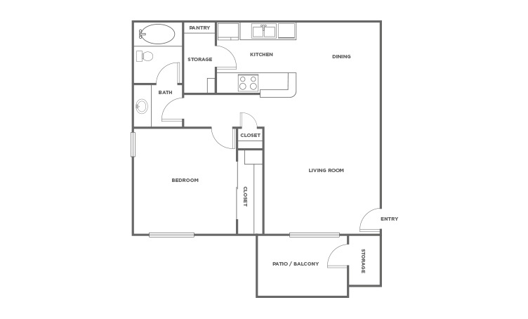 The Redwood - 1 bedroom floorplan layout with 1 bath and 618 square feet