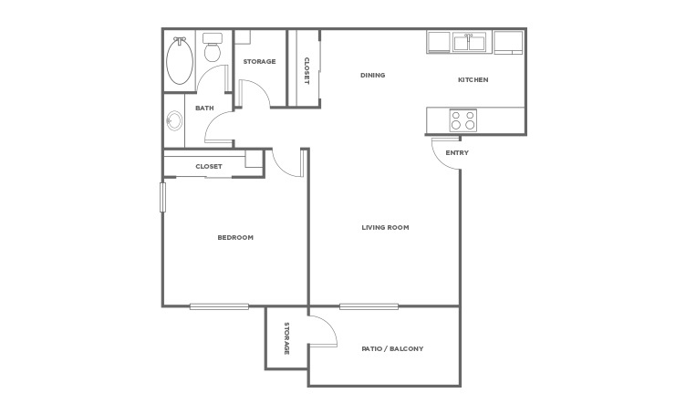 The Spruce  - 1 bedroom floorplan layout with 1 bath and 623 square feet